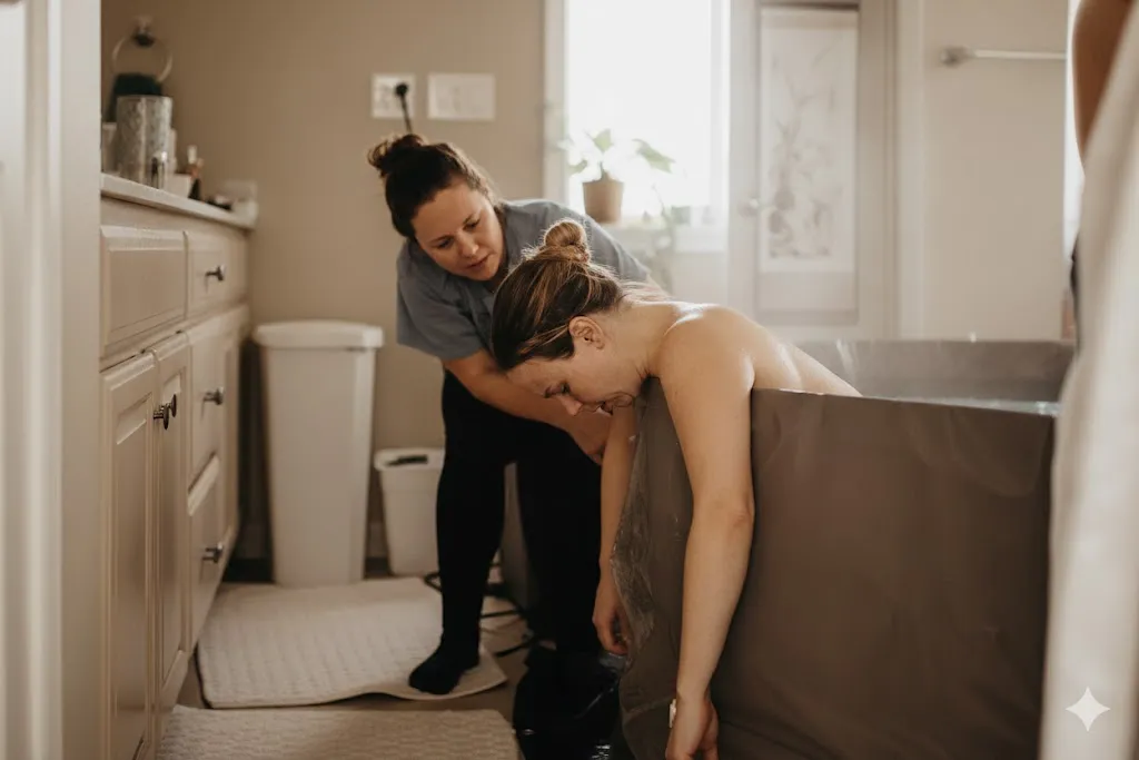 Femme en travail penchée sur une baignoire, soutenue par son accompagnante