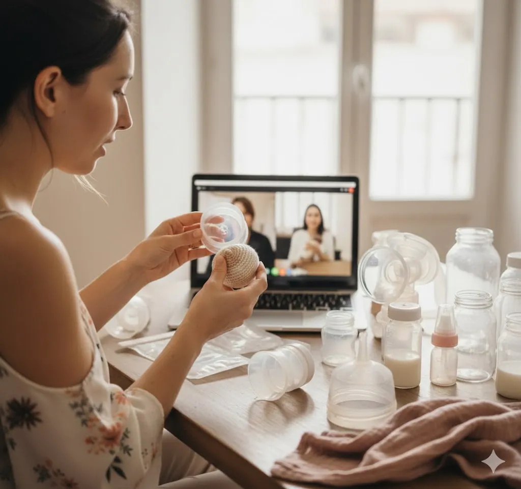 Mère en visio avec une professionnelle de l’allaitement tout en utilisant un tire-lait