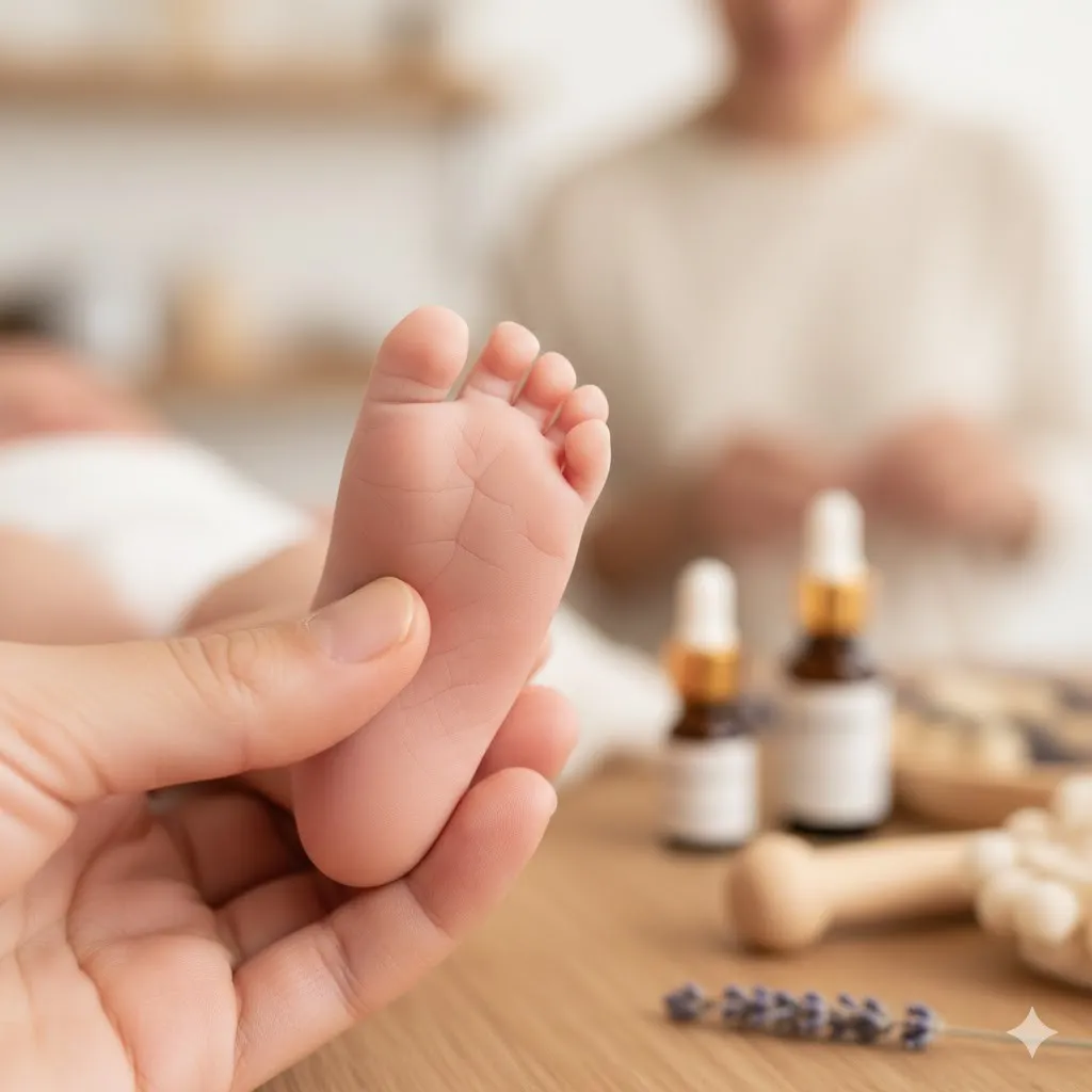 Pied de bébé dans la main d'une réflexologue, huiles et outils de soin en arrière-plan