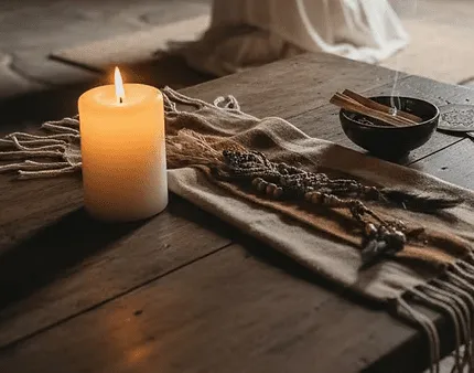 Bougie allumée, rebozo plié et bâtons d'encens sur une table en bois