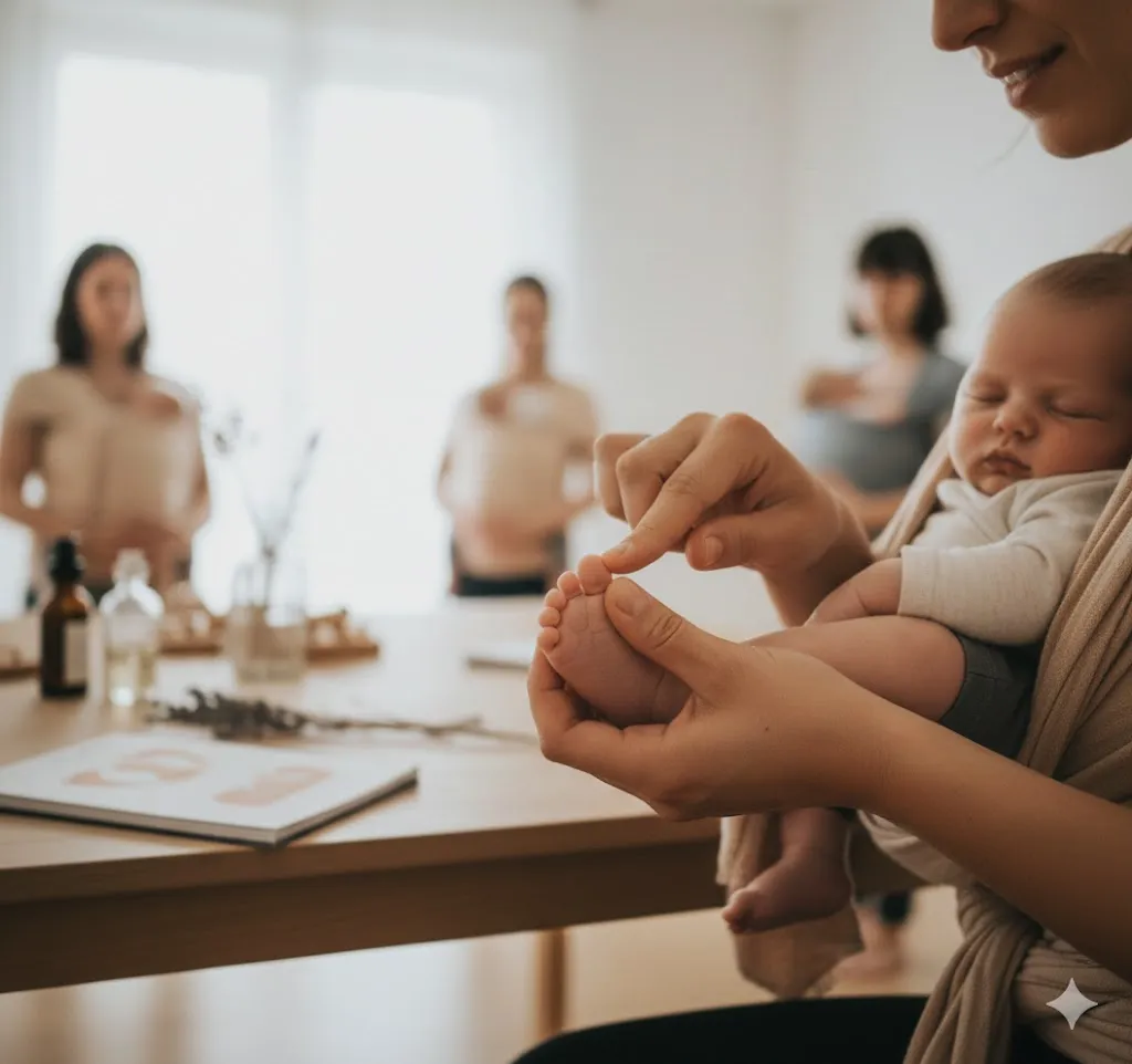 Atelier de réflexologie pédiatrique en groupe autour d'un bébé