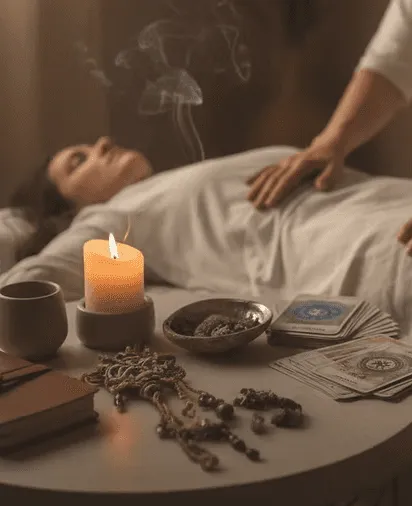 Femme allongée recevant un soin rebozo holistique, bougie, encens et cartes posés sur la table
